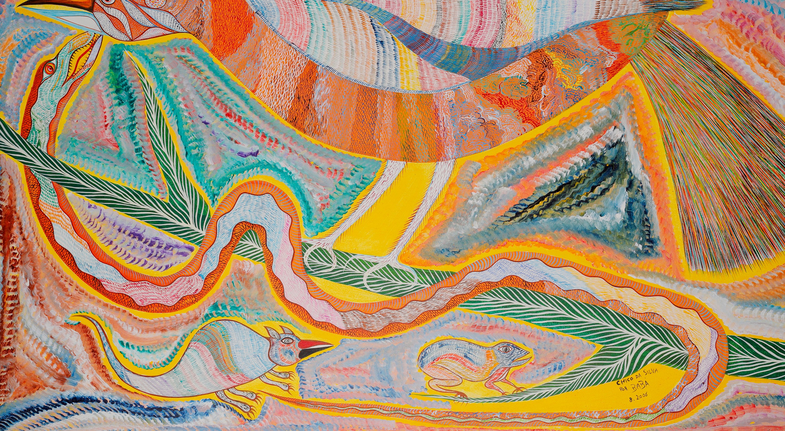 Long serpent aux bords orange et au centre clair, qui dresse la tête à gauche et ondule jusqu'en bas à droite. Détail de Oiseau, serpent, crapaud et tatou, Chico da Silva par Babá, 2006.