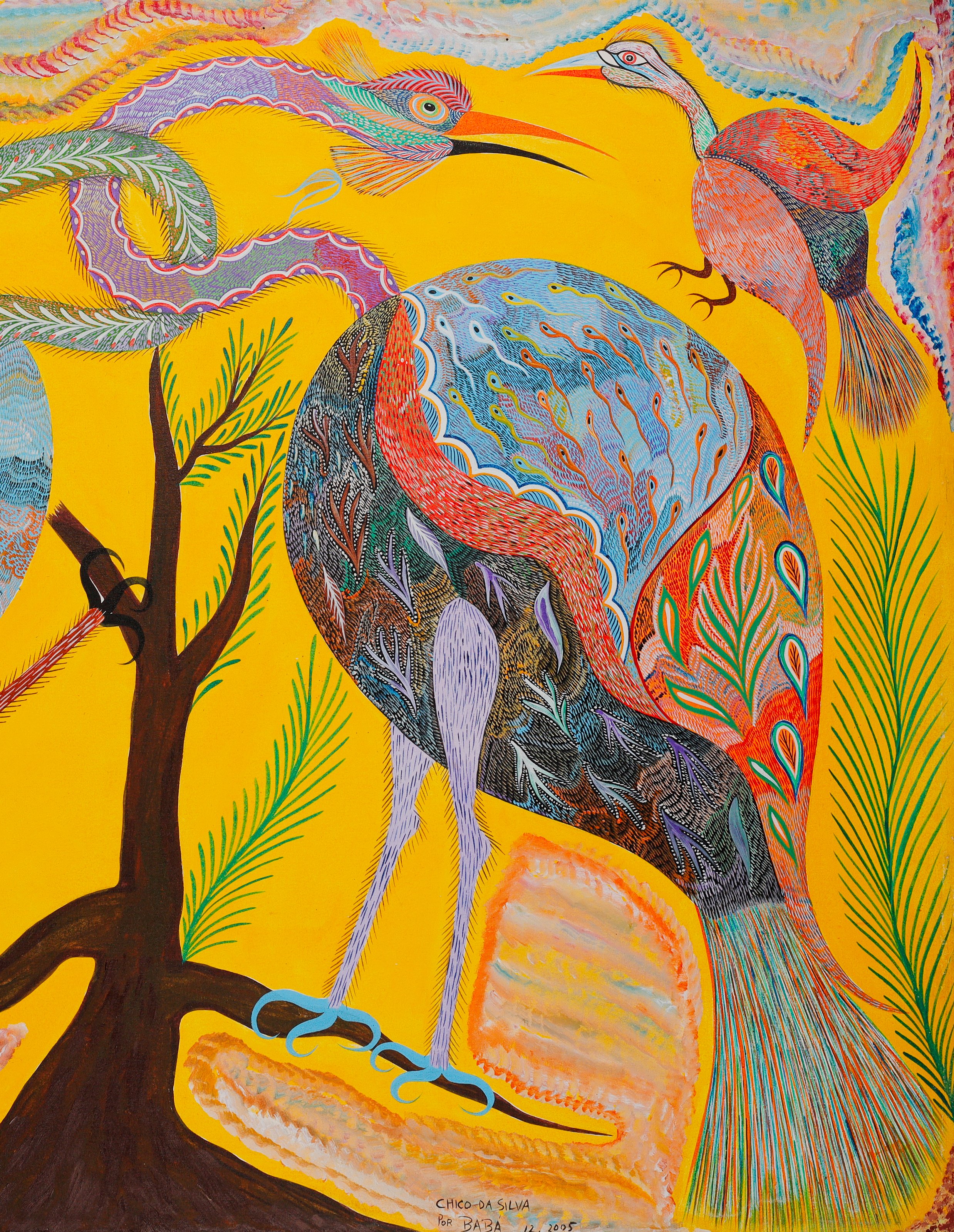 Grand oiseau de droite, au corps bleu tacheté, au cou lilas et aux pattes bleues sur la branche. Détail de Oiseaux, Chico da Silva par Babá, 2005.
