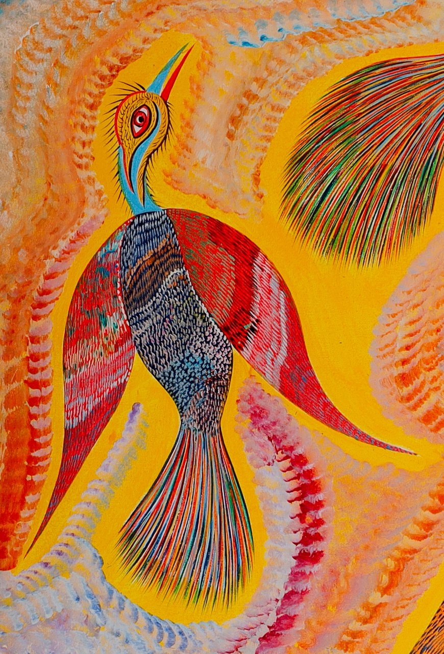 Ave pequeña de alas rojas caídas y cola en abanico, a la izquierda, con el pico hacia arriba. Detalle de Aves, Chico da Silva por Babá, 2006.