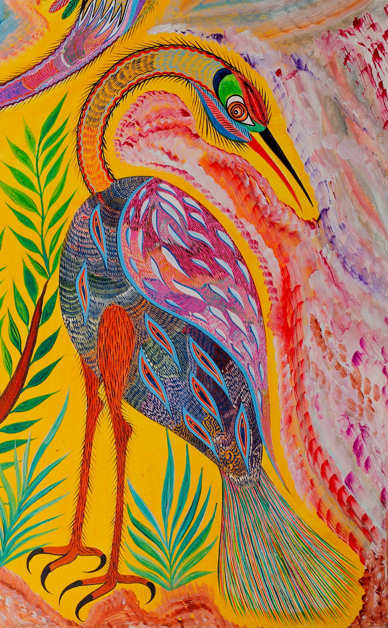 Garza de cuello amarillo en arco, cuerpo azul y rosa de plumas en forma de gota y patas naranja, a la derecha. Detalle de Aves, Chico da Silva por Babá, 2006.