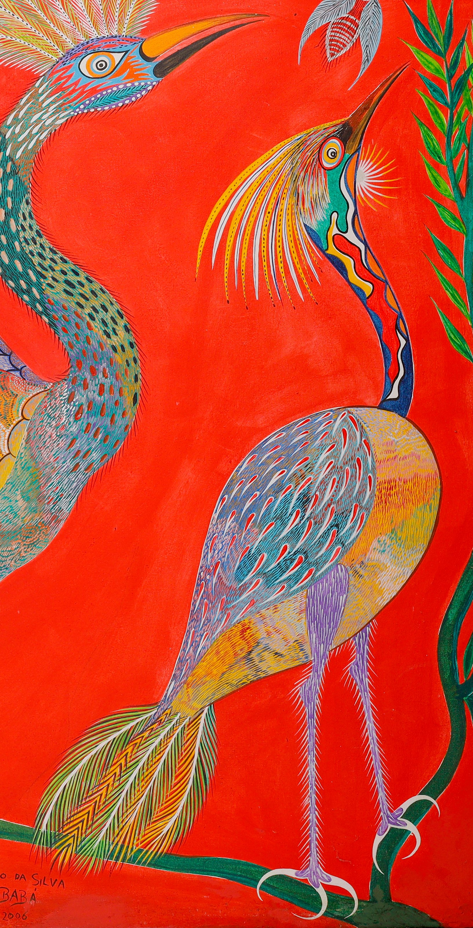 Ave de cuello rojo y azul y patas lilas, con el pico hacia arriba, a la derecha. Detalle de Aves e insecto, Chico da Silva por Babá, 2006.
