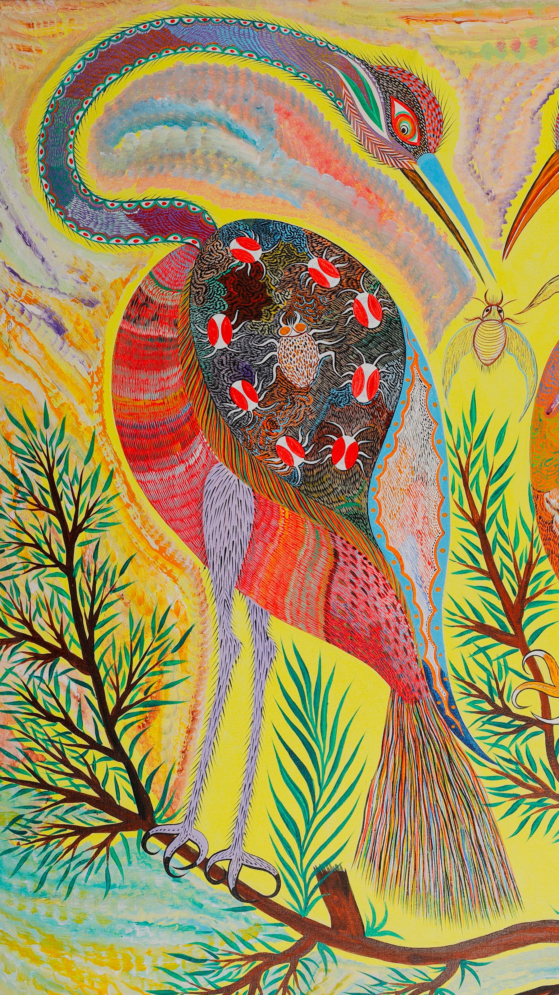 Ave de la izquierda, de cuello arqueado y pico largo azul, con escarabajos pintados en el pecho. Detalle de Aves e insectos, Chico da Silva por Babá, 2006.