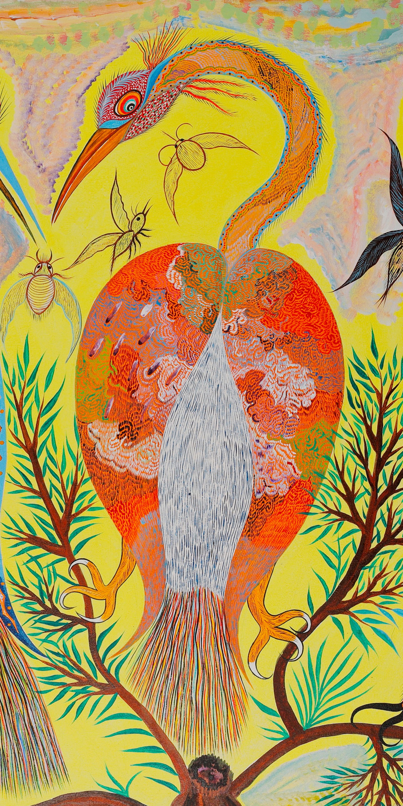 Ave del centro, de cuerpo naranja en dos lóbulos, pecho blanco y cuello curvado en S. Detalle de Aves e insectos, Chico da Silva por Babá, 2006.