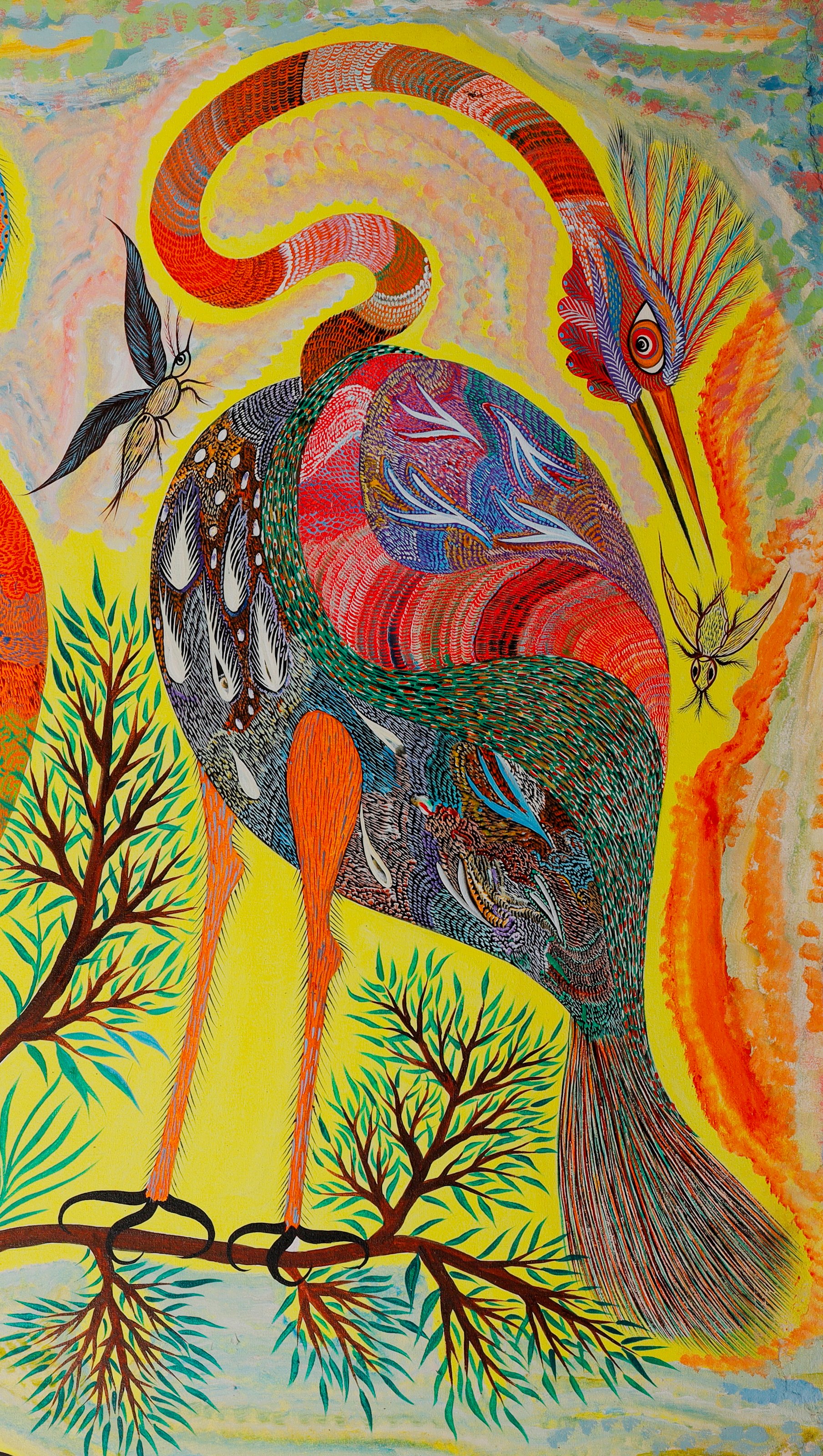 Ave de la derecha, de cuello rojo en arco, cresta en abanico y patas naranja. Detalle de Aves e insectos, Chico da Silva por Babá, 2006.