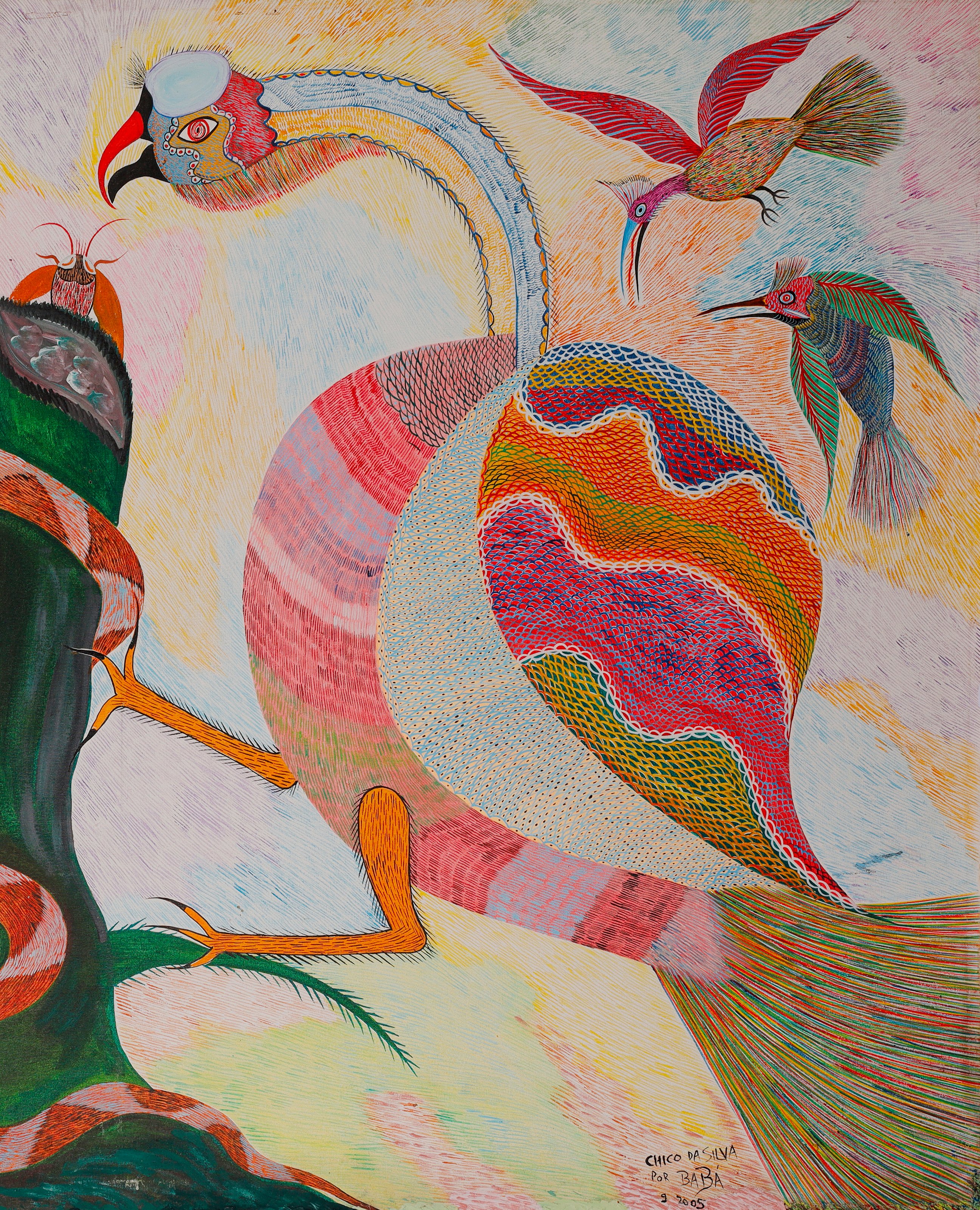 Grand oiseau de droite, au corps rayé de rose et à l'aile en vagues colorées, au long cou gris et au bec rouge. Détail de Oiseaux et serpent, Chico da Silva par Babá, 2005.