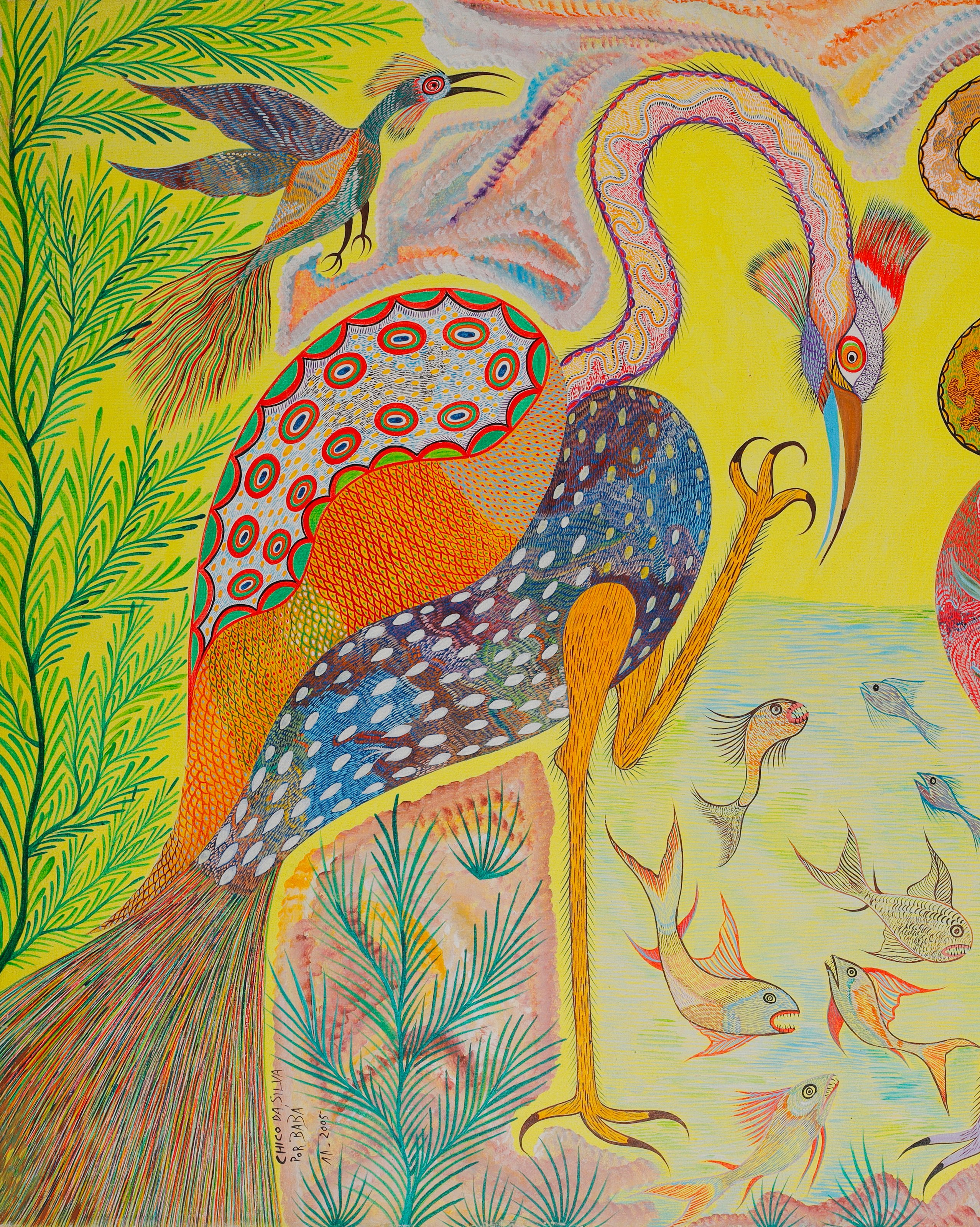 Ave grande de la izquierda, de cuello rosa curvado, cresta roja y una pata naranja levantada. Detalle de Aves, peces y serpiente, Chico da Silva por Babá, 2005.