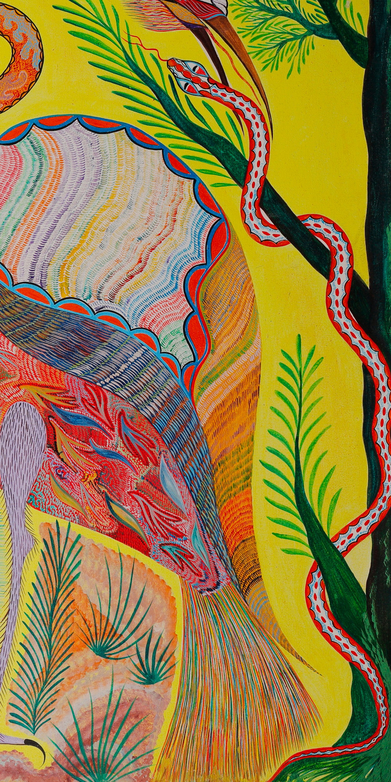 Serpiente blanca de pintas y bordes rojos, enroscada en el tronco de la derecha, con la cabeza junto al pico del ave. Detalle de Aves, peces y serpiente, Chico da Silva por Babá, 2005.