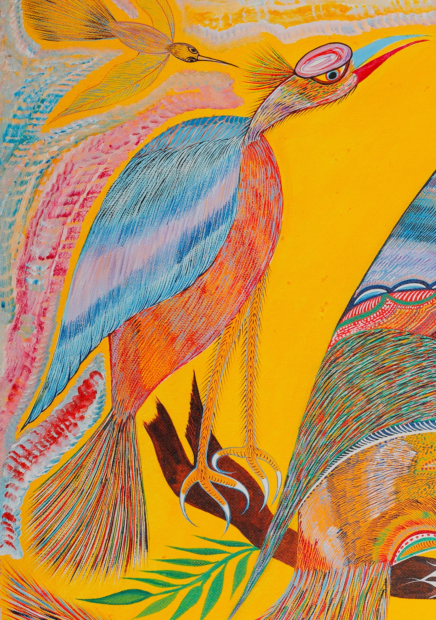 Oiseau à l'aile bleue, à la poitrine orange et à la crête rose, perché sur la branche à gauche. Détail de Oiseaux, insectes et serpent, Chico da Silva par Babá, 2006.
