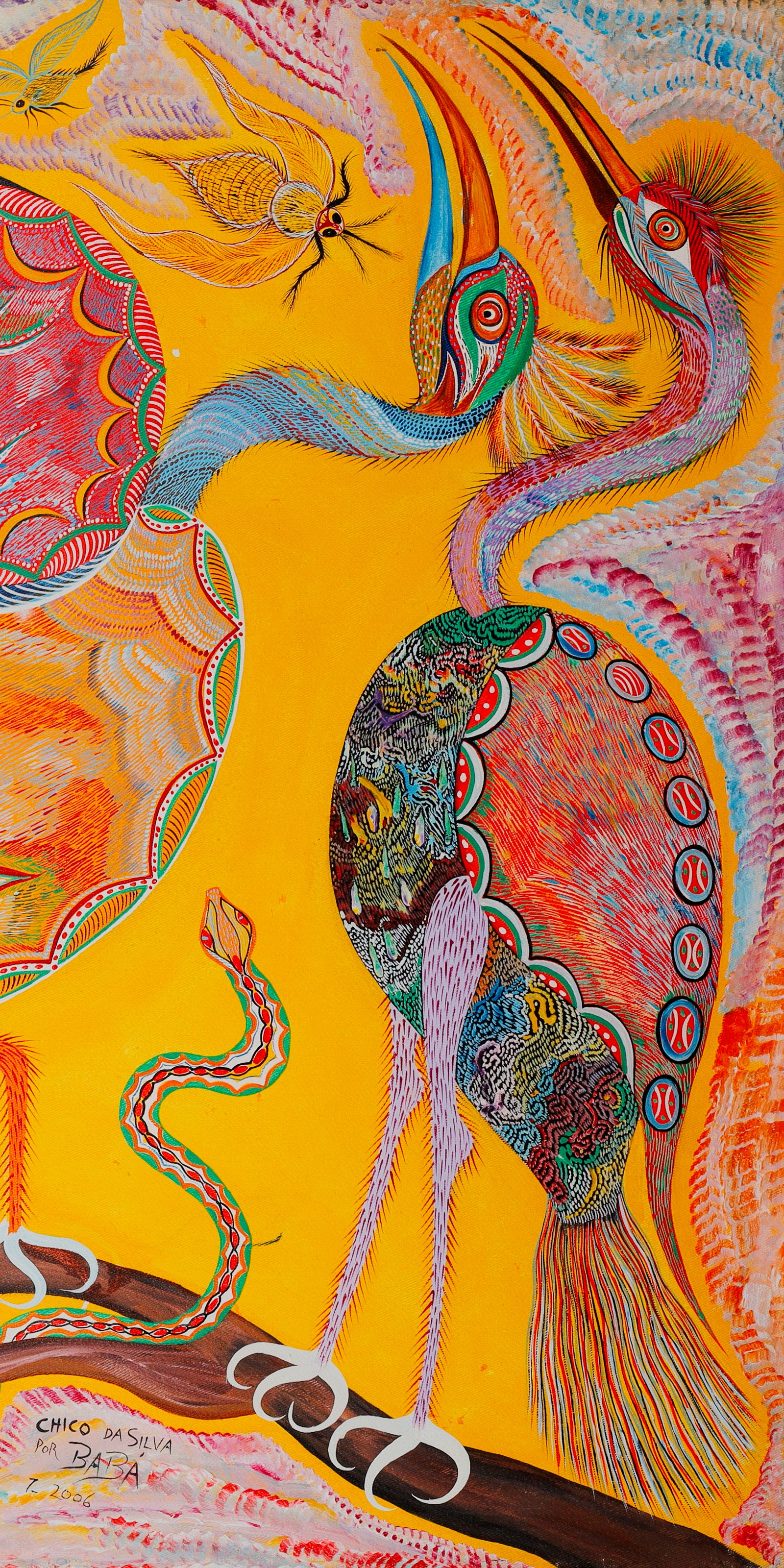 Héron à la crête en éventail et au long bec, au cou recourbé et aux pattes lilas, à droite. Détail de Oiseaux, insectes et serpent, Chico da Silva par Babá, 2006.
