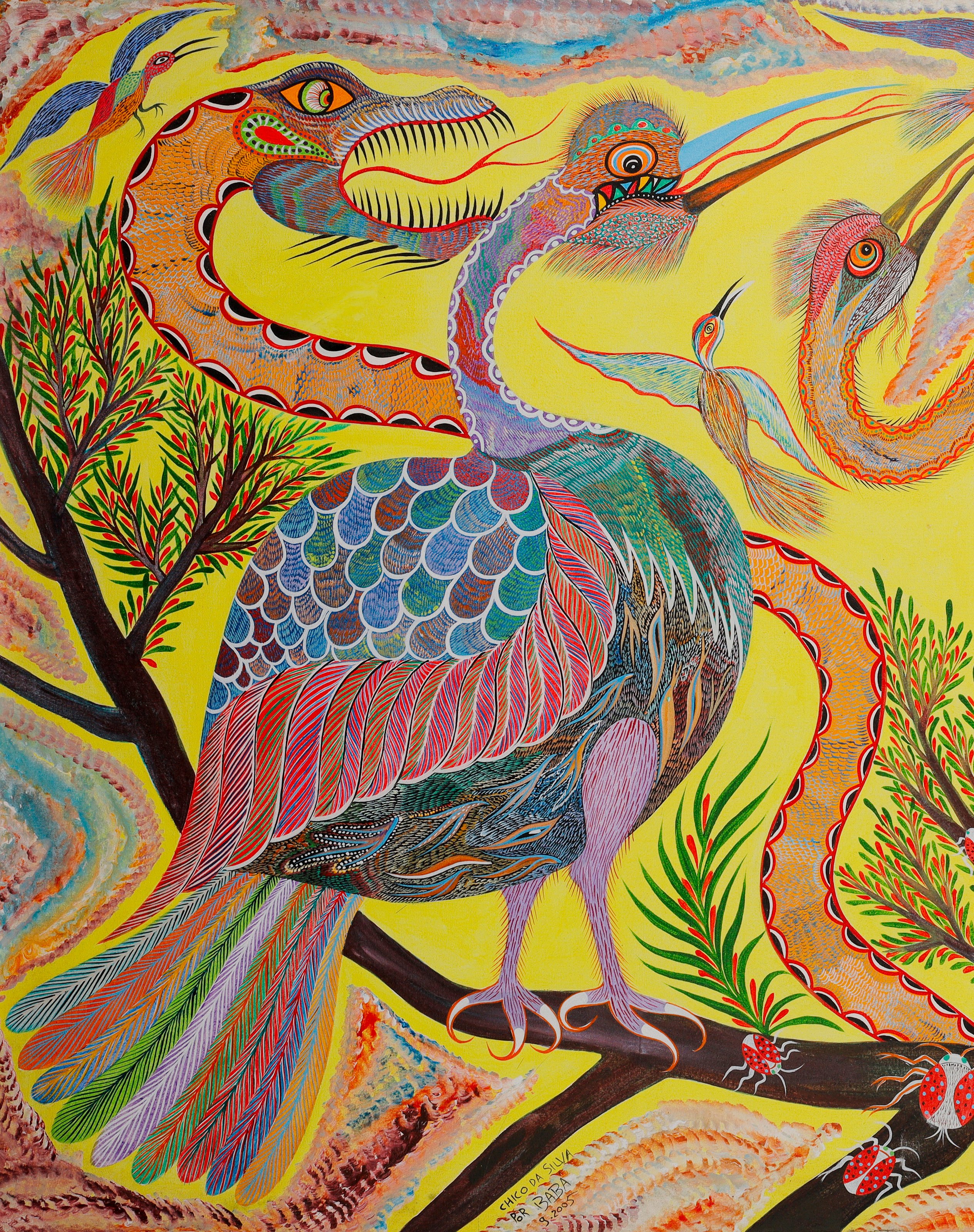 Ave grande de lomo escamado, cola de plumas de colores y pico largo, posada en la rama. Detalle de Aves, serpientes e insectos, Chico da Silva por Babá, 2005.