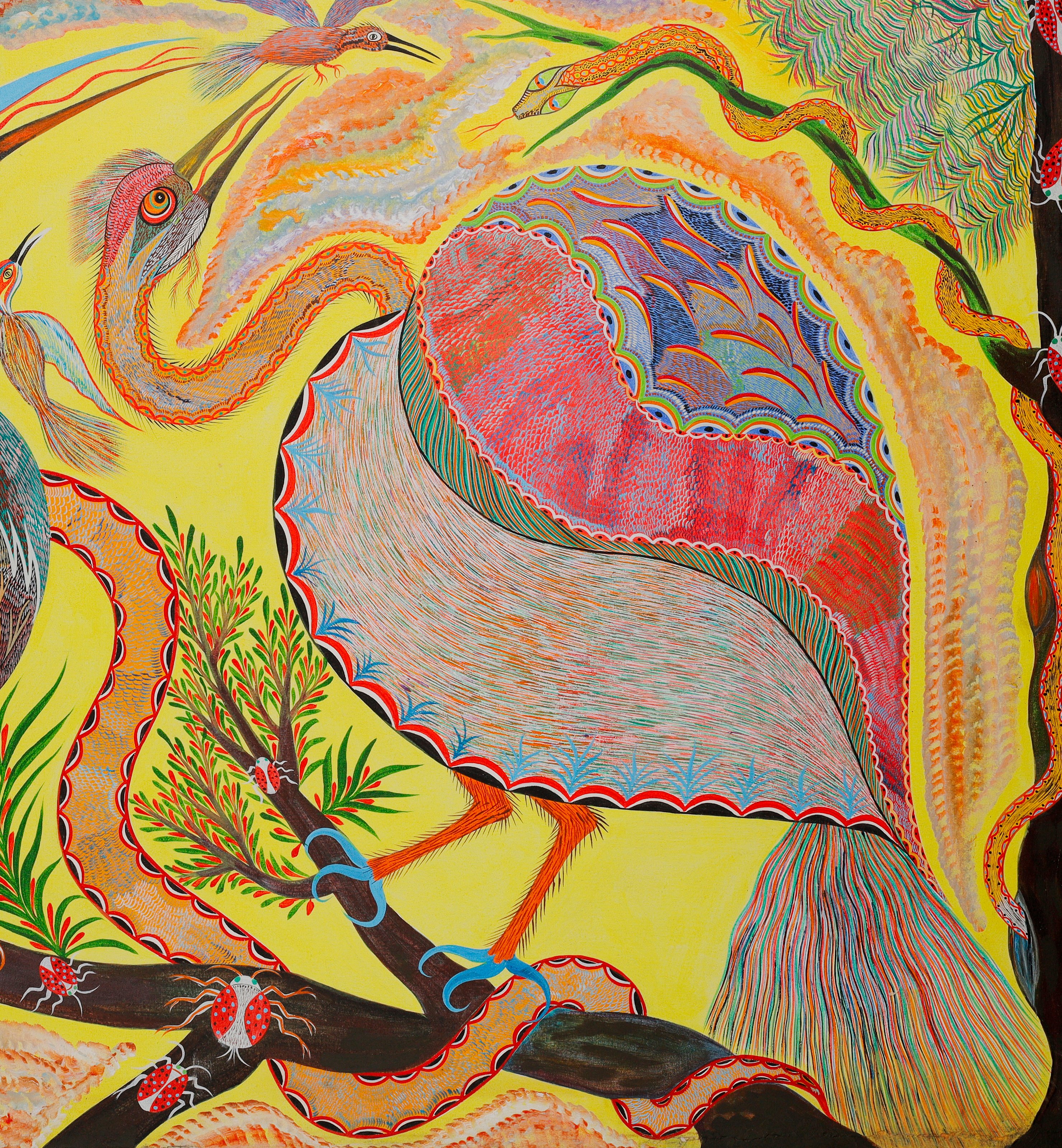 Garza de cuello largo y cuerpo rosa, azul y claro, con las patas azules en la rama. Detalle de Aves, serpientes e insectos, Chico da Silva por Babá, 2005.
