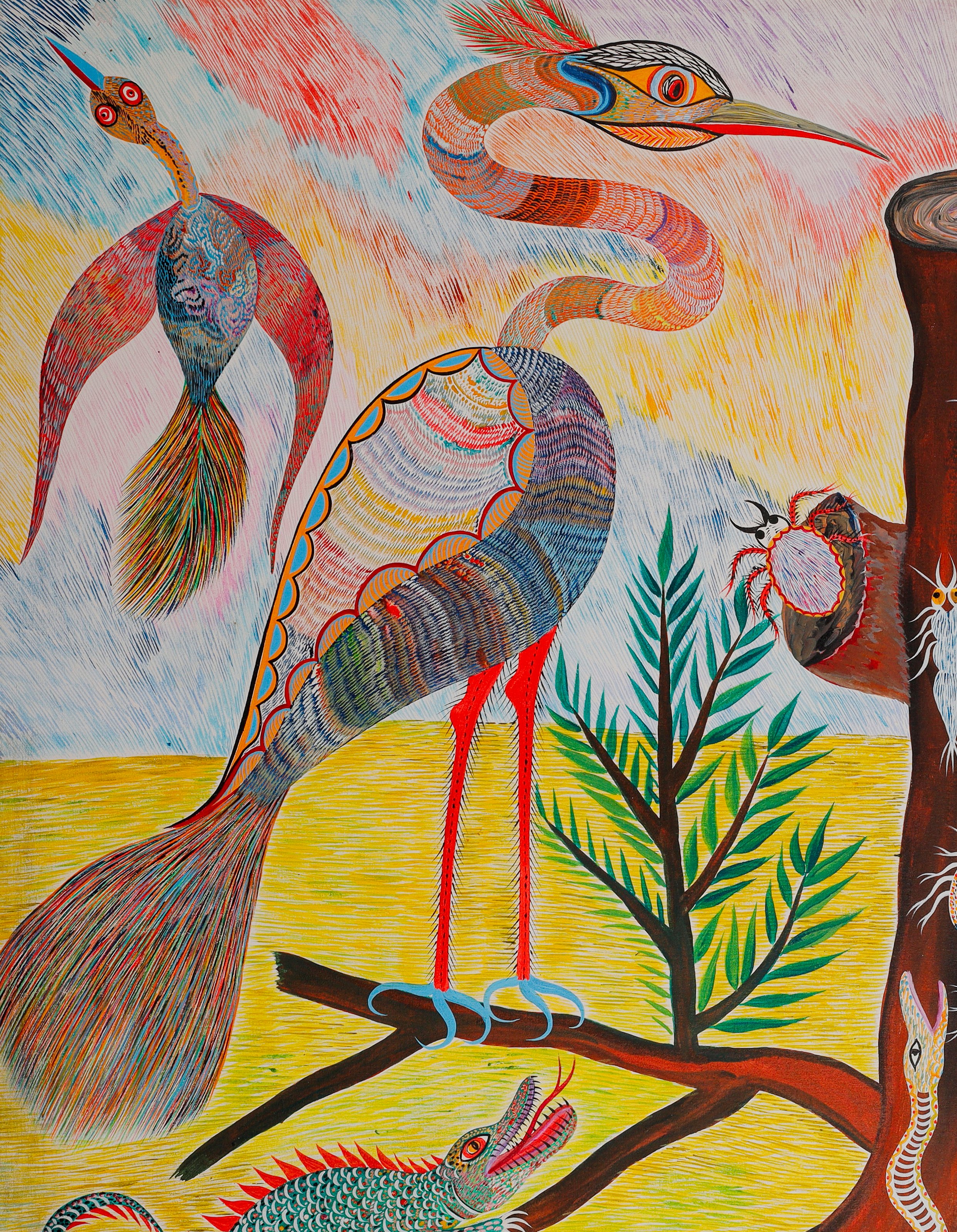 Large heron with a coiled neck and red legs, perched on the branch, on the left. Detail of Birds Snakes Caiman and Insects, Chico da Silva by Babá, 2006.