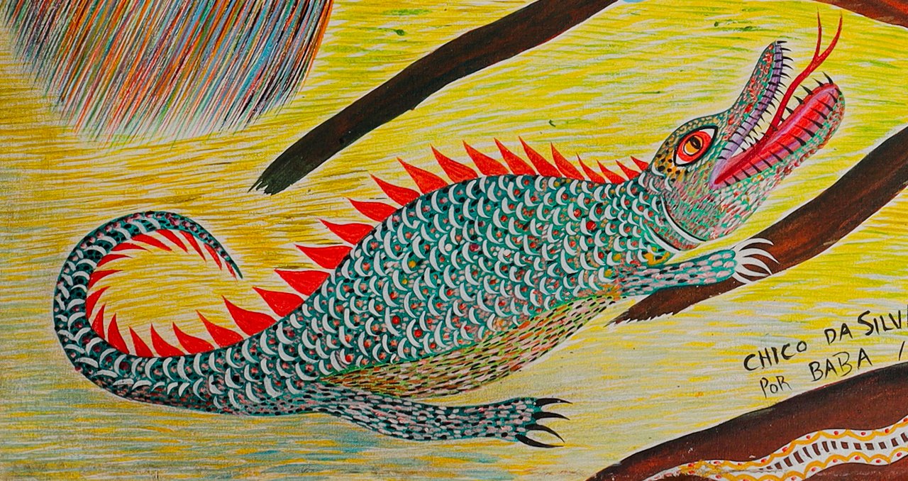 Green scaly caiman with a red crest, its mouth open, in the bottom left corner. Detail of Birds Snakes Caiman and Insects, Chico da Silva by Babá, 2006.