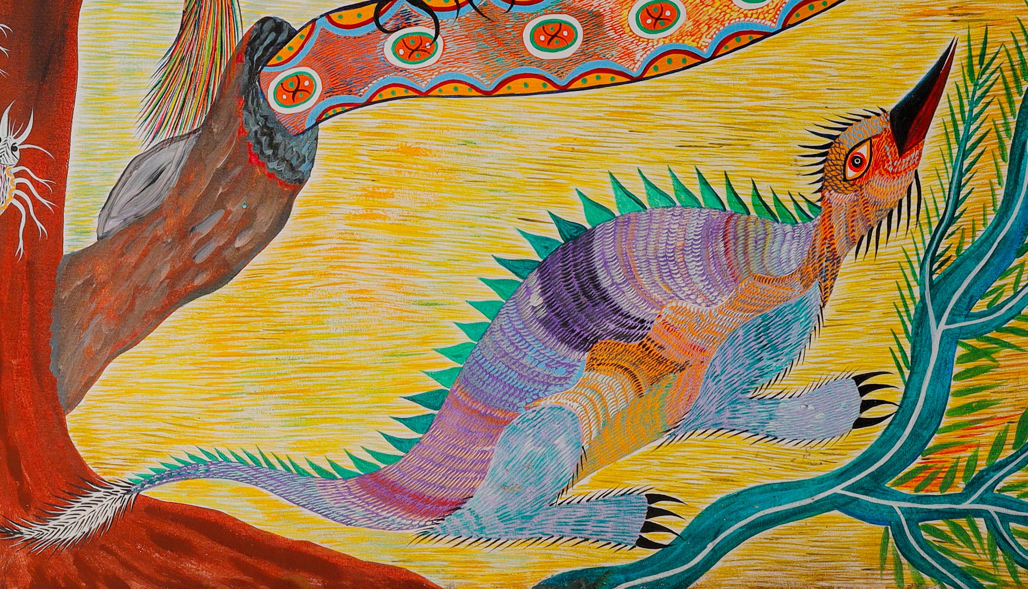 Creature with a bird's head and a beak open upward, a green crest and a lilac body, at the bottom right. Detail of Birds Snakes Caiman and Insects, Chico da Silva by Babá, 2006.