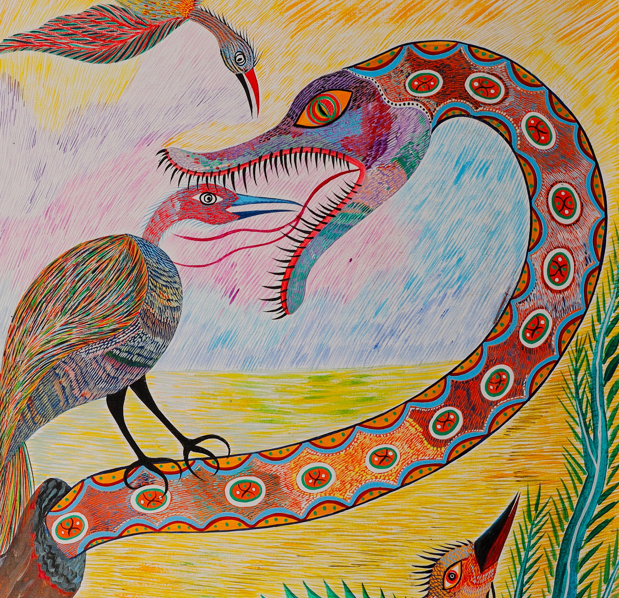 Snake with a dragon's head and an open mouth, emerging from the hollow branch and curving along the right. Detail of Birds Snakes Caiman and Insects, Chico da Silva by Babá, 2006.