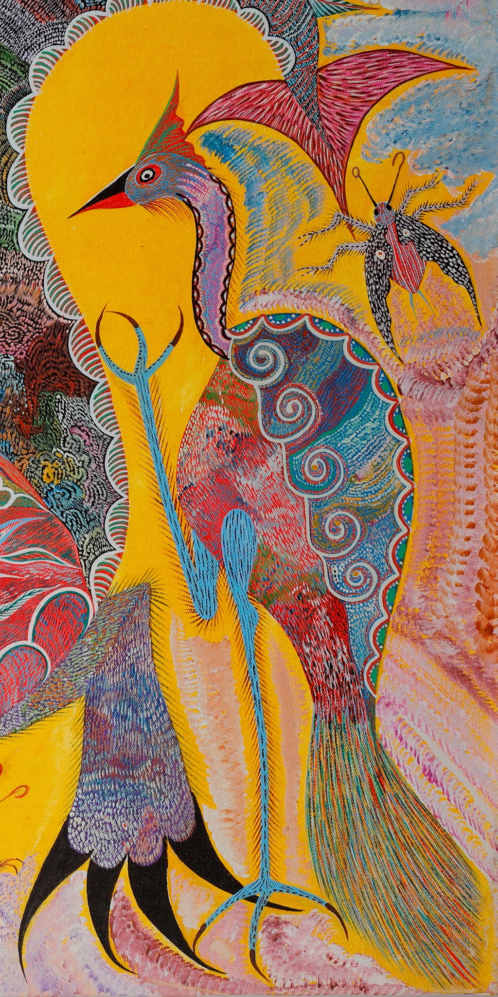 Oiseau au bec rouge, au cou lilas et aux longues pattes bleues, à droite. Détail de Dragon, oiseaux et insectes, Chico da Silva par Babá, 2004.