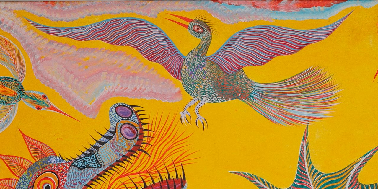 Bird in flight with open pink wings and a fan tail, at the top, above the dragon's head. Detail of Dragon Birds Fish and Snake, Chico da Silva by Babá, 2006.