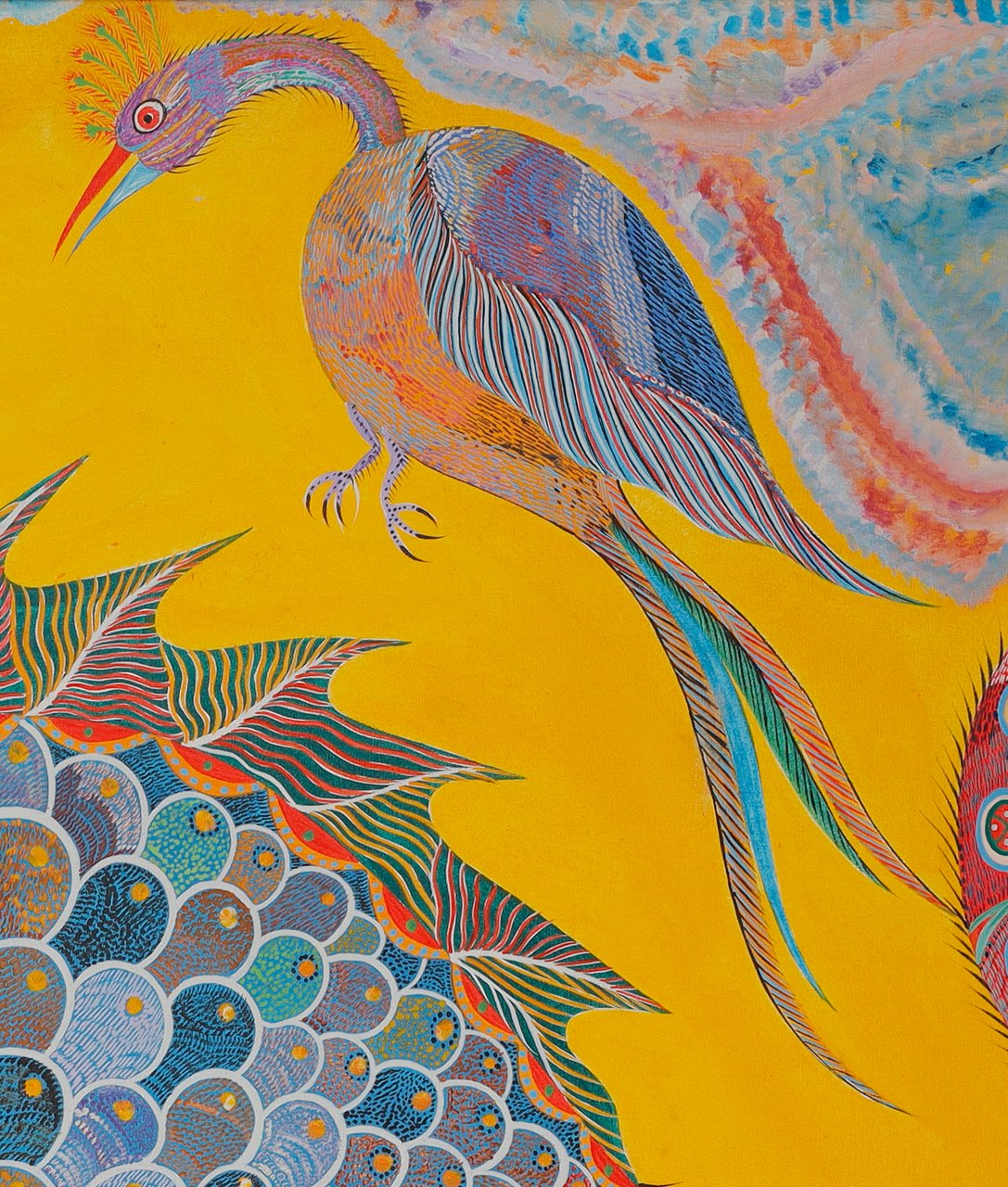 Bird with an orange crest and a tail of long feathers, beak pointing down, at the top right. Detail of Dragon Birds Fish and Snake, Chico da Silva by Babá, 2006.