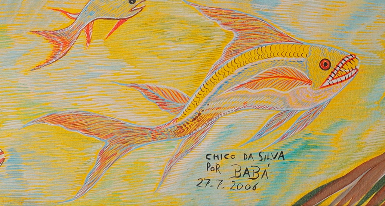 Large fish with bared teeth, facing right, next to the signature. Detail of Dragon Birds Fish and Snake, Chico da Silva by Babá, 2006.