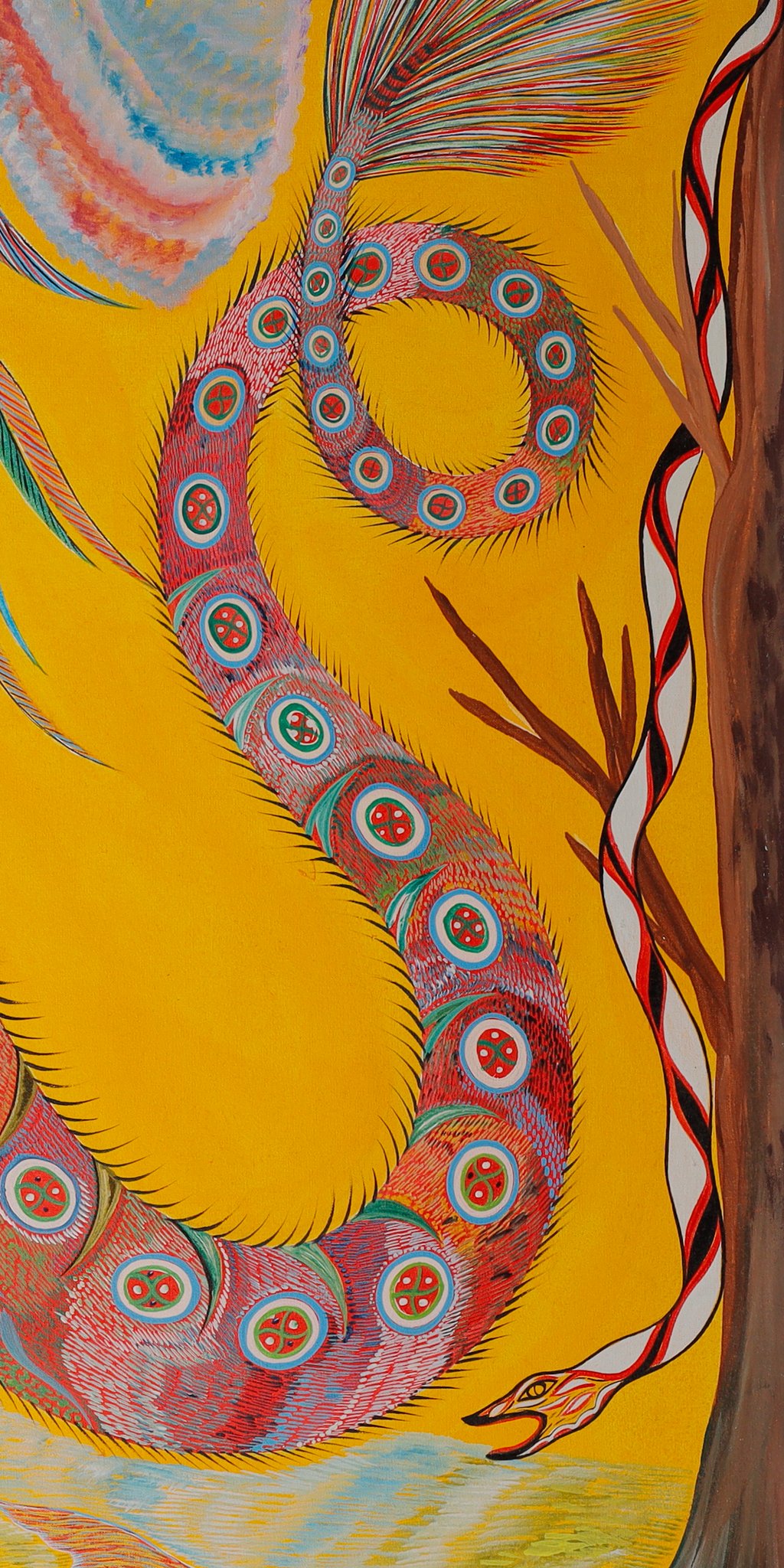 Thin white, red and black snake coming down the trunk on the right. Detail of Dragon Birds Fish and Snake, Chico da Silva by Babá, 2006.