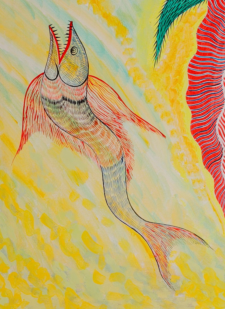 Pez pequeño claro de líneas rojas, con la boca abierta hacia arriba, en la esquina inferior izquierda. Detalle de Peces, Chico da Silva por Babá, 2006.