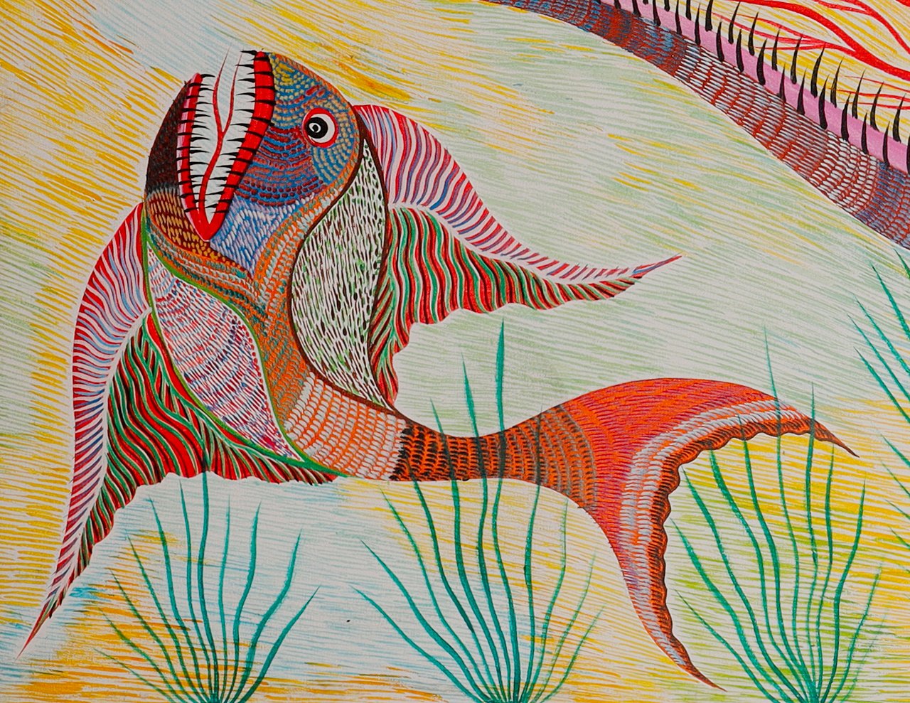 Petit poisson à la bouche ouverte vers le haut et aux nageoires en éventail, dans le coin inférieur gauche. Détail de Poissons et oiseau, Chico da Silva par Babá, 2006.