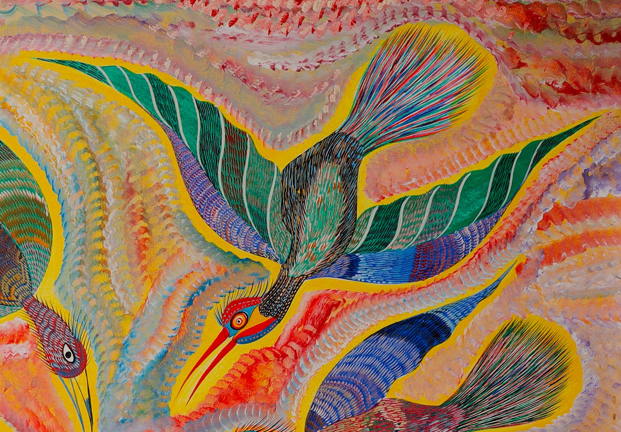 Ave de asas verdes listradas abertas e bico vermelho longo, no alto, à direita. Detalhe de Peixes e Aves, Chico da Silva por Babá, 2006.