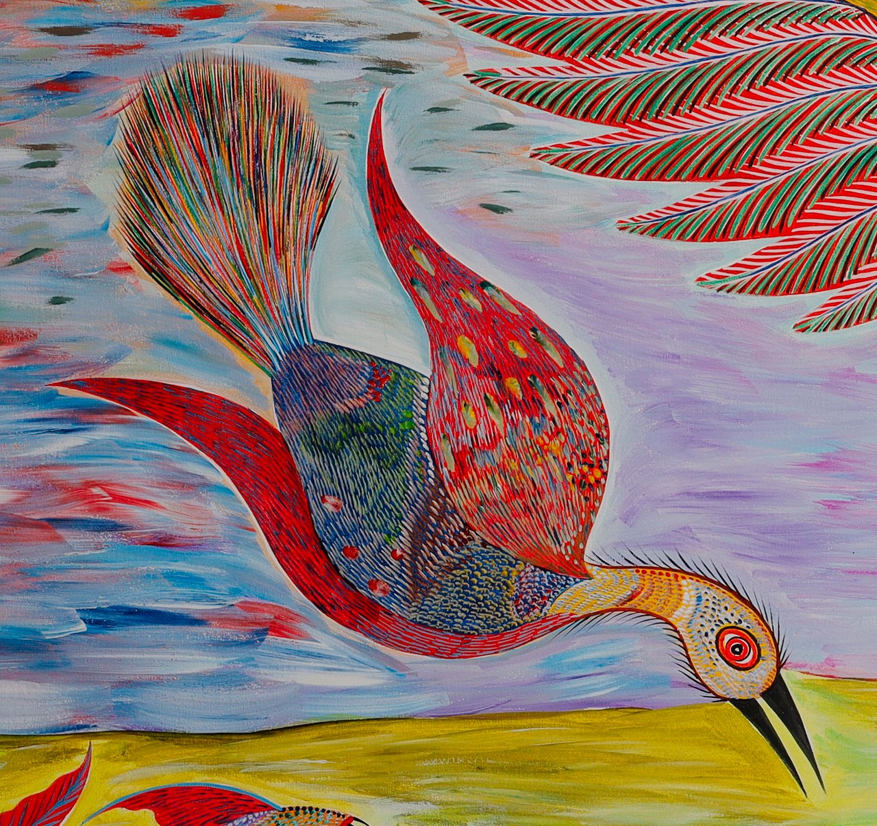 Ave roja de cola en abanico, lanzándose cabeza abajo, a la izquierda. Detalle de Peces y aves, Chico da Silva por Babá, 2006.