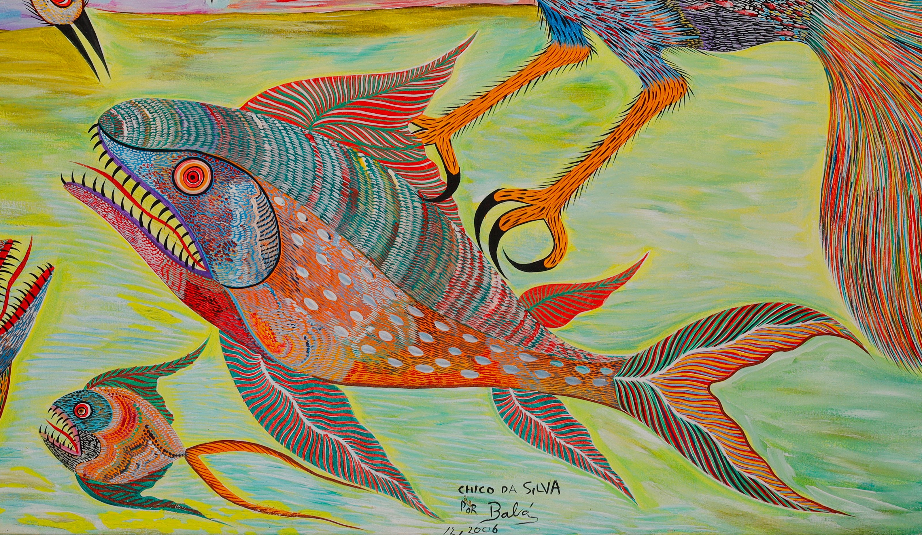 Pez grande de boca abierta con dientes, cuerpo azul y naranja de pintas blancas, abajo en el centro. Detalle de Peces y aves, Chico da Silva por Babá, 2006.