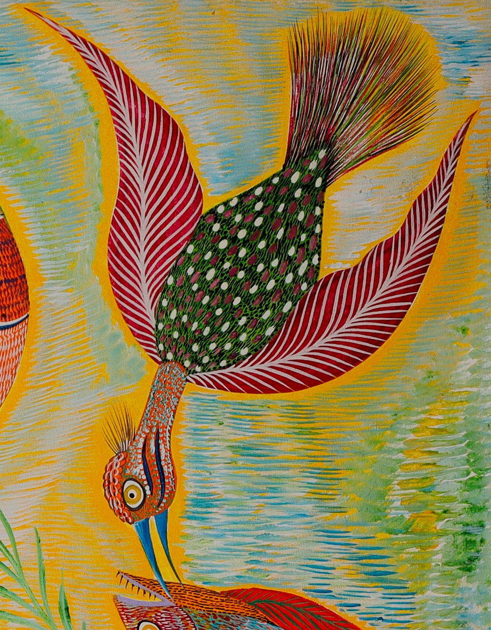 Upside-down bird in the top right corner, with a spotted green body and red wings, pecking at a fish. Detail of Fish Birds and Snake, Chico da Silva by Babá, 2006.