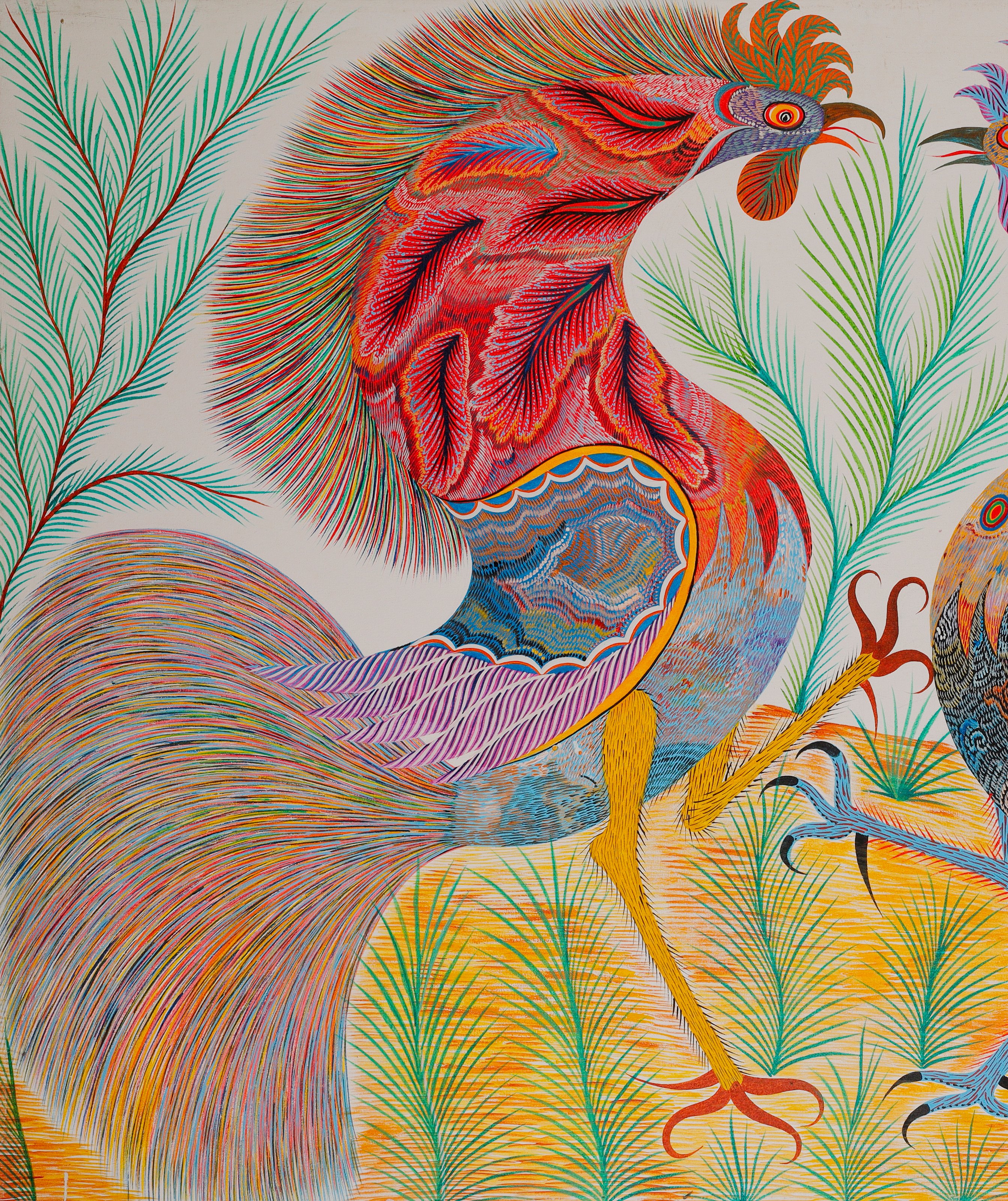 Gallo de la izquierda, de cuerpo rojo y cola larga, con la pata amarilla levantada hacia la derecha. Detalle de Gallos, Chico da Silva por Babá, 2006.