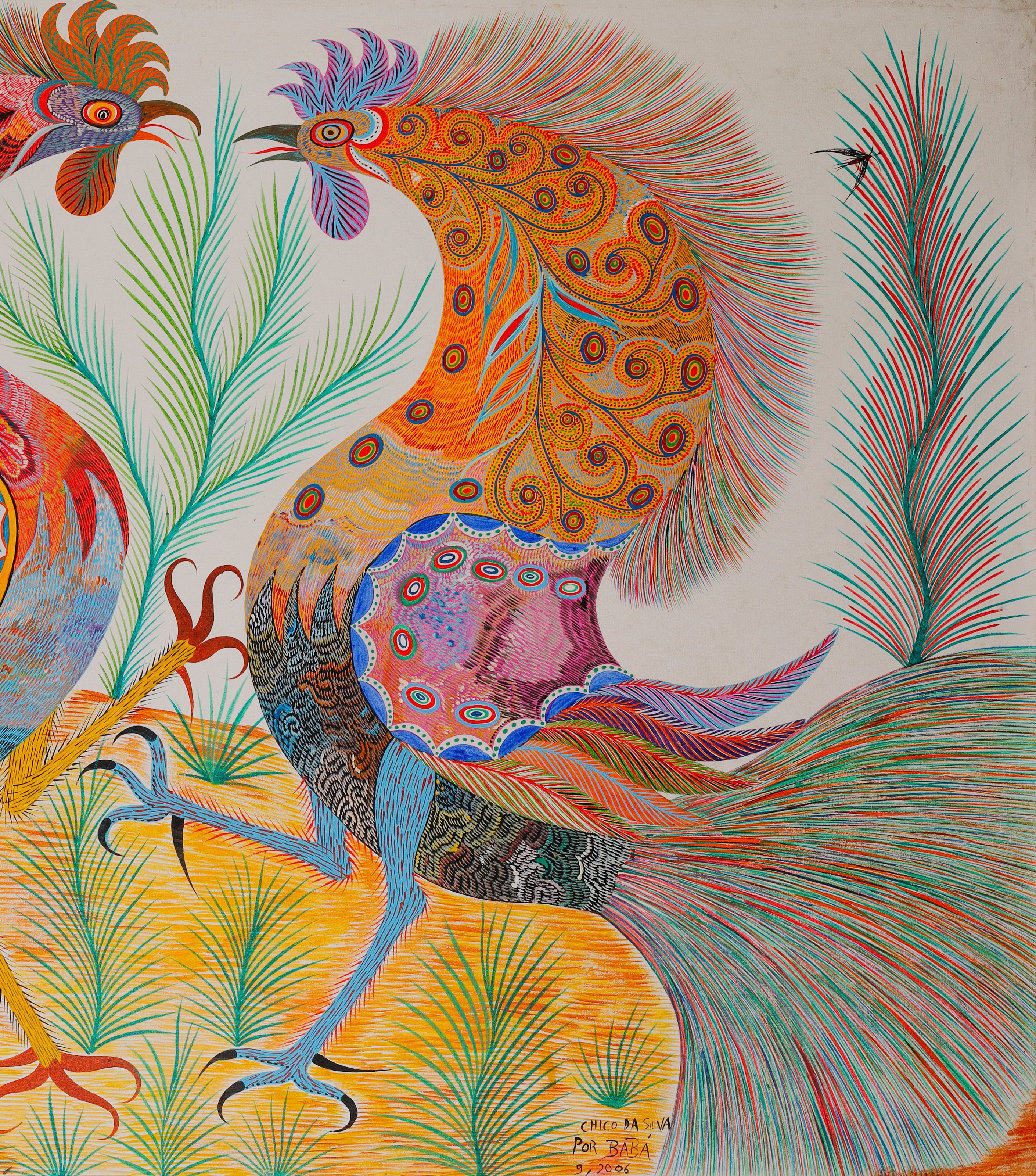 Gallo de la derecha, de pecho naranja moteado y patas azules, vuelto hacia la izquierda. Detalle de Gallos, Chico da Silva por Babá, 2006.
