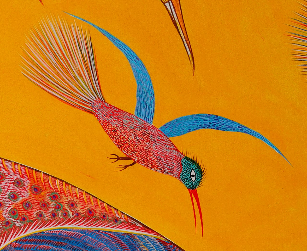 Oiseau rouge aux ailes bleues et à la tête verte, plongeant sur le dos du grand poisson. Détail de Roseau original étrange, Chico da Silva par Babá, 2005.