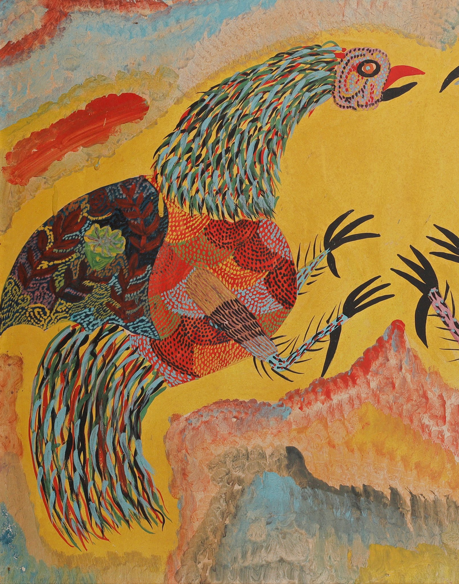 Coq de gauche, au cou de plumes bleues et au poitrail rouge, tourné vers la droite, les griffes noires en l'air. Détail de Combat de coqs, Chico da Silva, 1969.