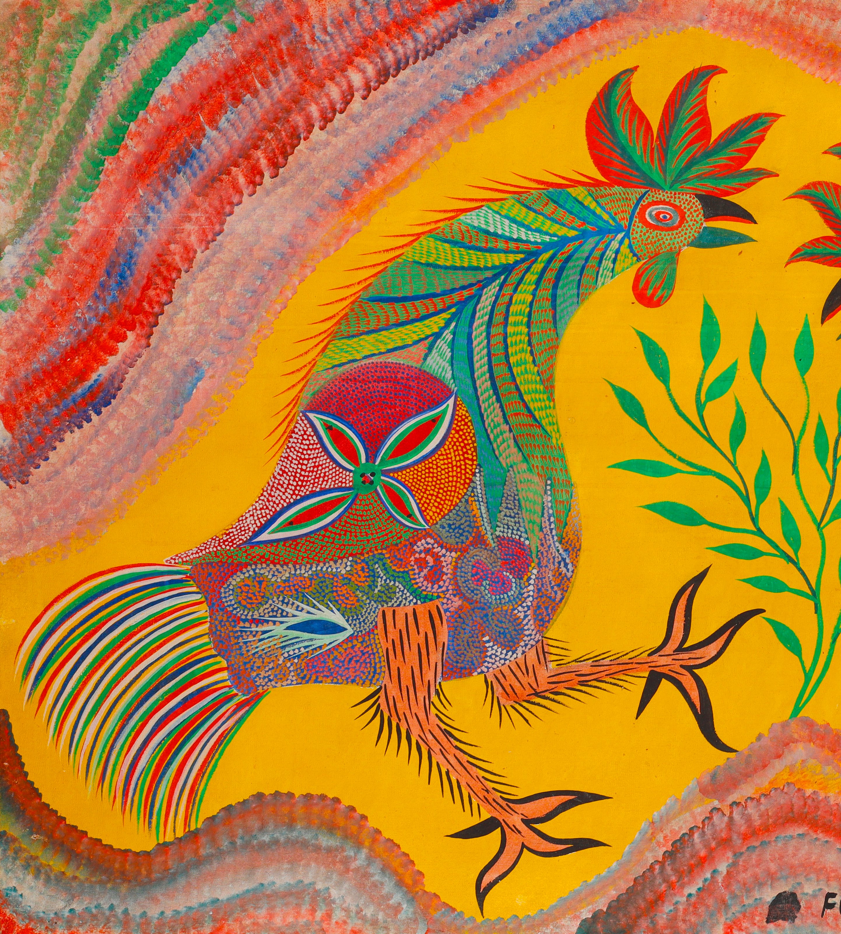 Coq de gauche, à la crête rouge et verte, une fleur à quatre pétales sur le poitrail et la queue rayée aux couleurs de l'arc-en-ciel, tourné vers la droite. Détail de Combat de coqs, Chico da Silva, 1972.