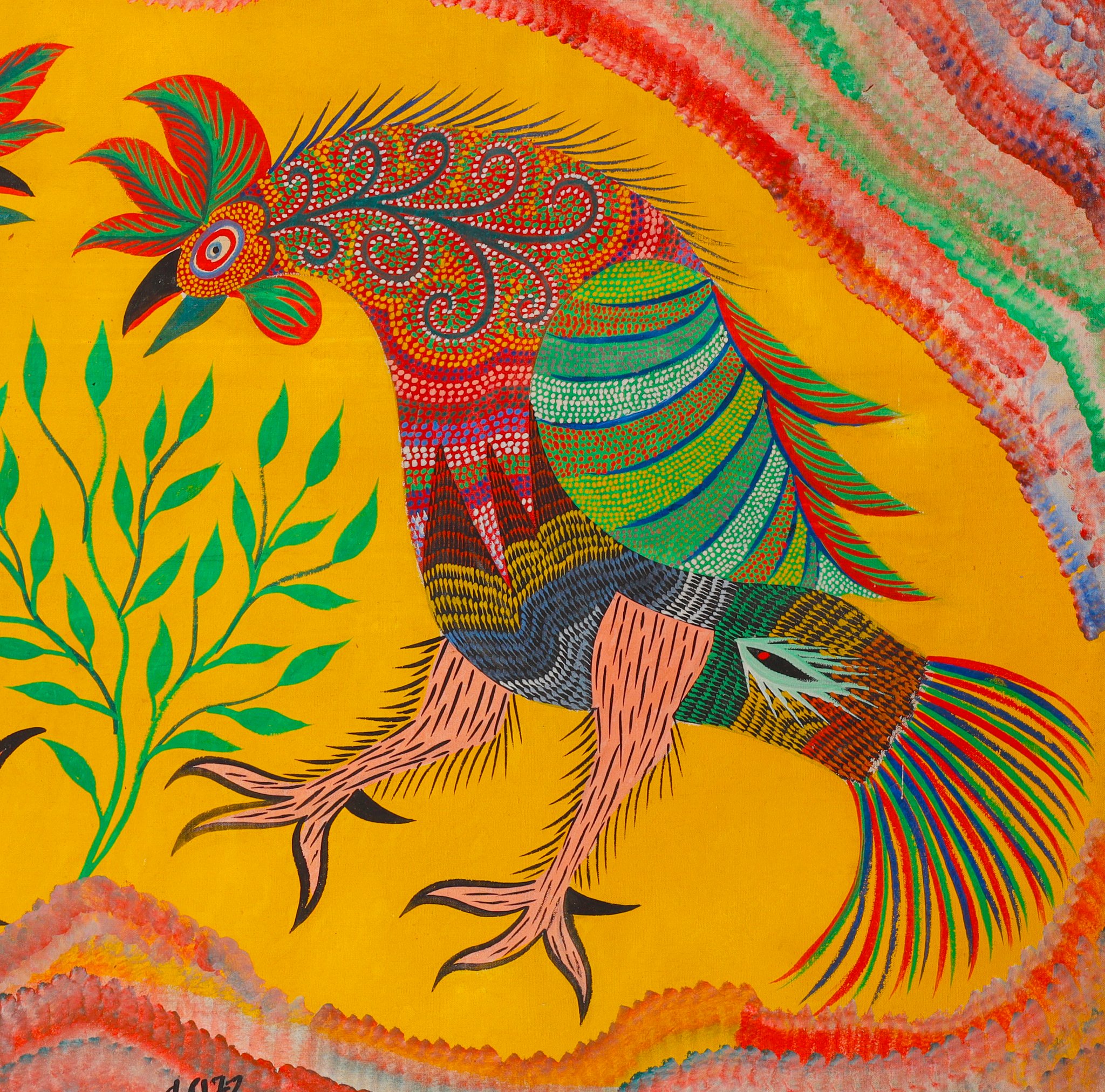 Coq de droite, au cou pointillé de spirales, à l'aile verte rayée et aux pattes rosées, tourné vers la gauche, la tête baissée. Détail de Combat de coqs, Chico da Silva, 1972.