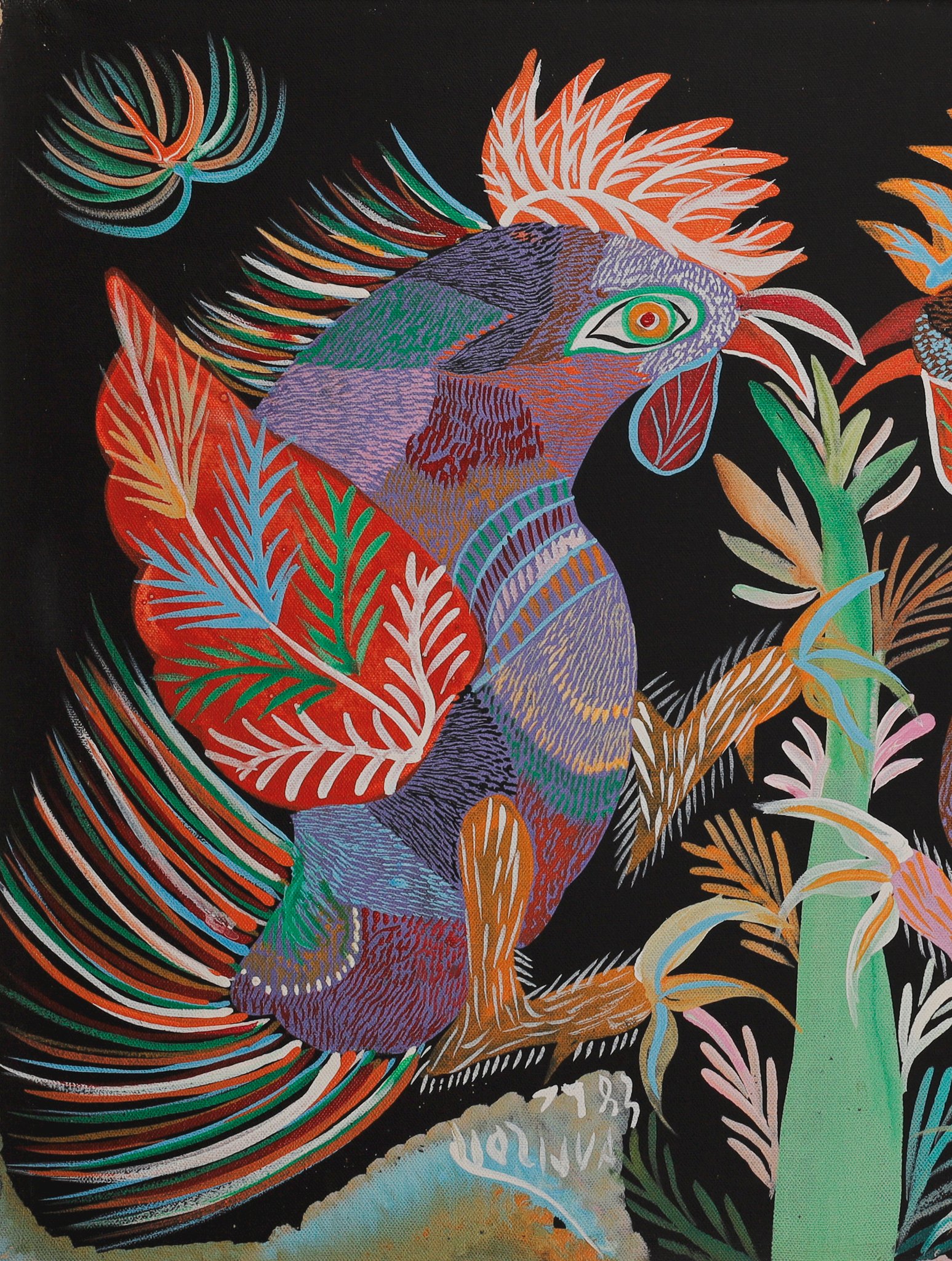 Gallo de la izquierda, morado, de cresta naranja y ala roja, con las patas extendidas hacia la derecha. Detalle de Riña de gallos, Chico da Silva, 1983.