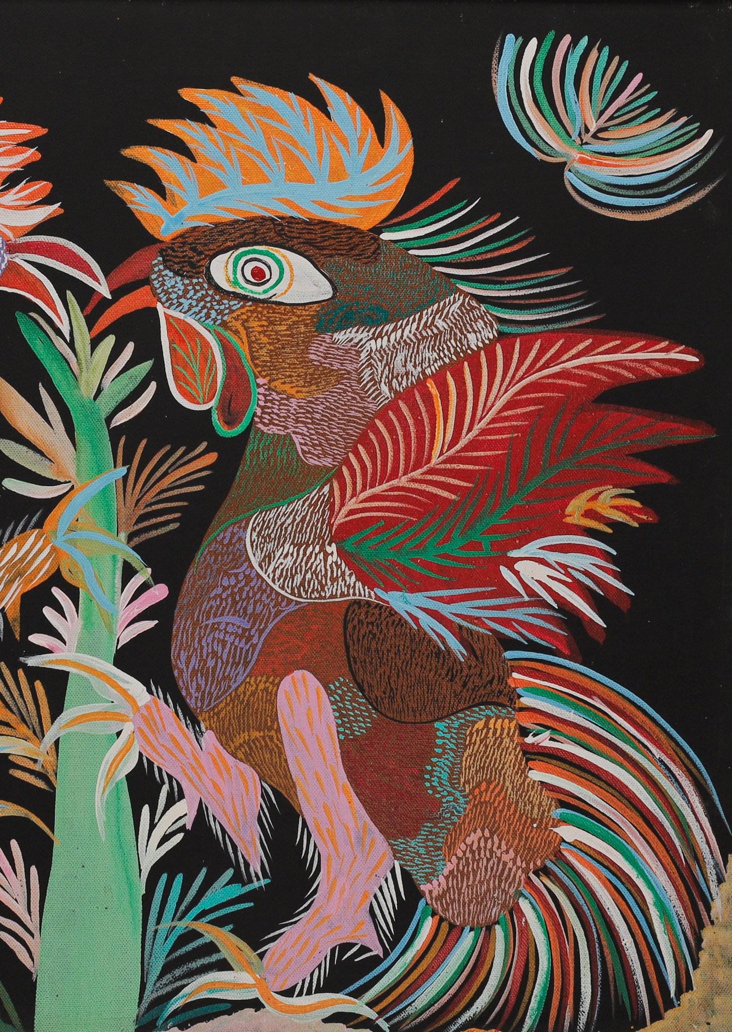 Gallo de la derecha, marrón, de cresta naranja y azul y ala roja, con las patas rosadas. Detalle de Riña de gallos, Chico da Silva, 1983.