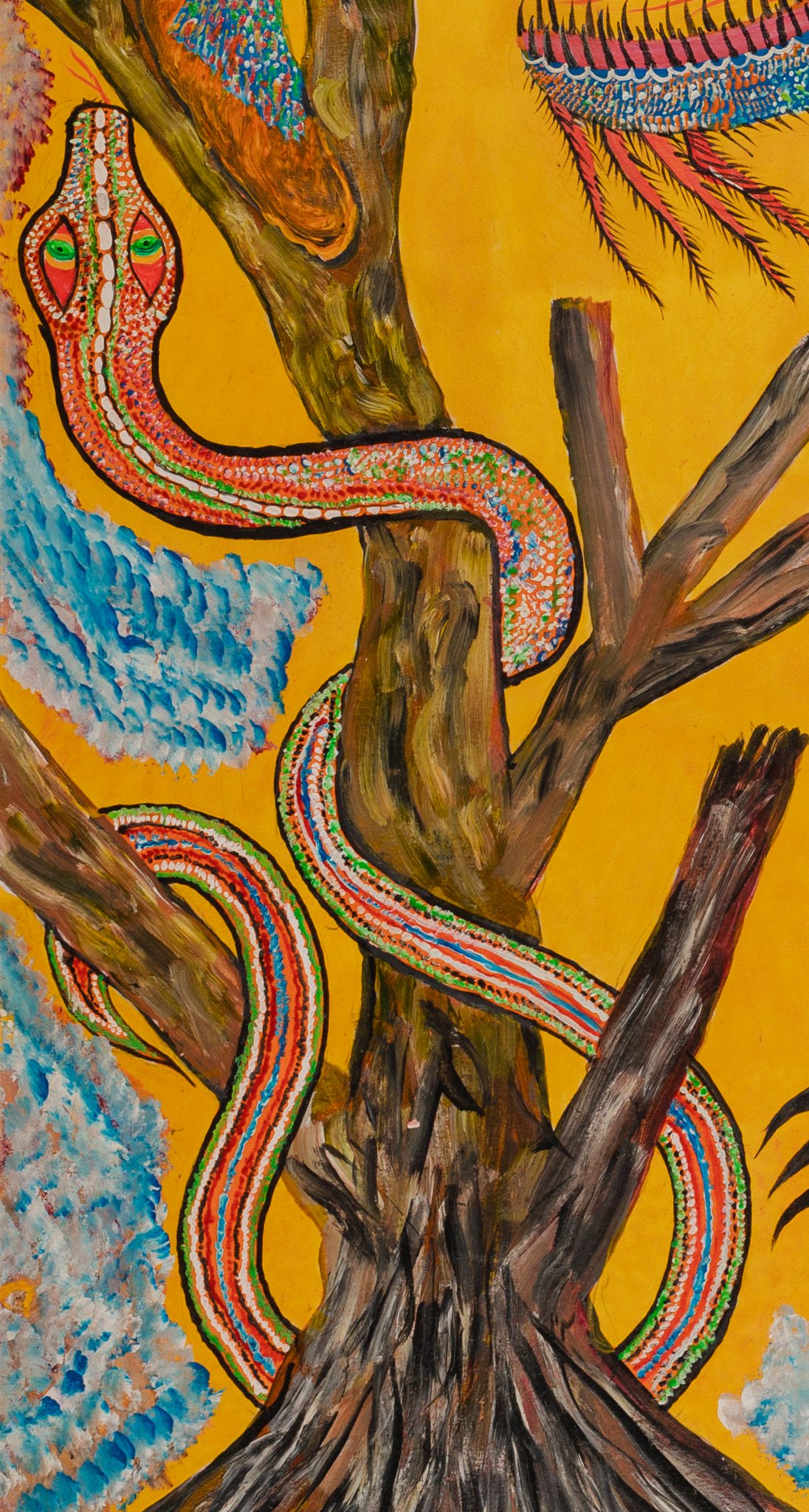 Serpent rayé d'orange, de blanc, de bleu et de vert, aux yeux rouges, enroulé autour du tronc de l'arbre à gauche. Détail de Dragon et serpent, Chico da Silva, 1973.