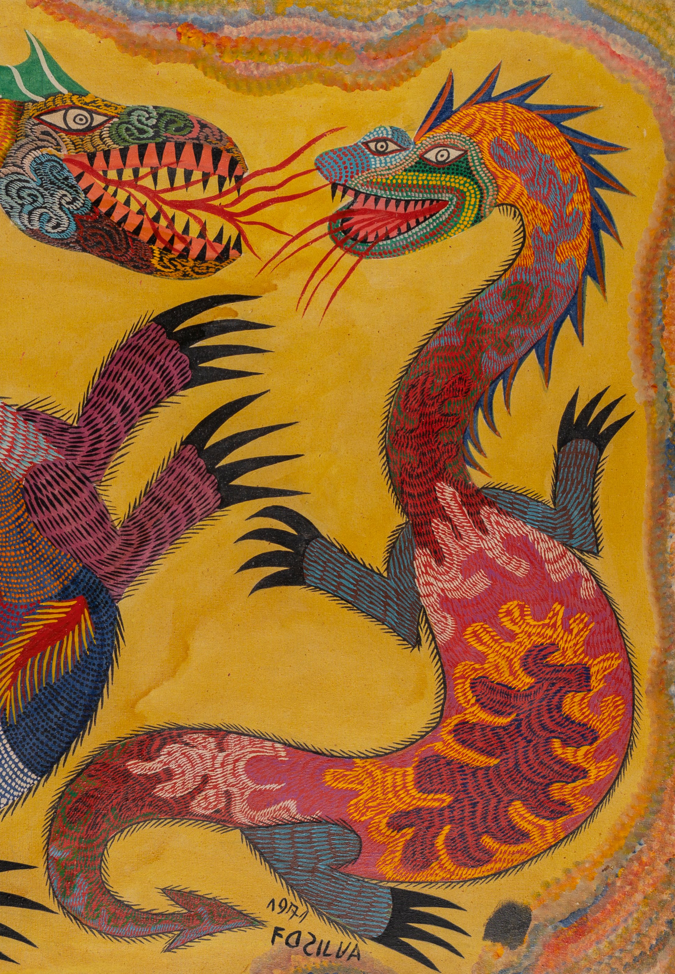 Dragon on the right, with a head dotted in blue and green, a crest of blue spines and a red body with yellow patches, standing on its tail. Detail of Dragons, Chico da Silva, 1971.