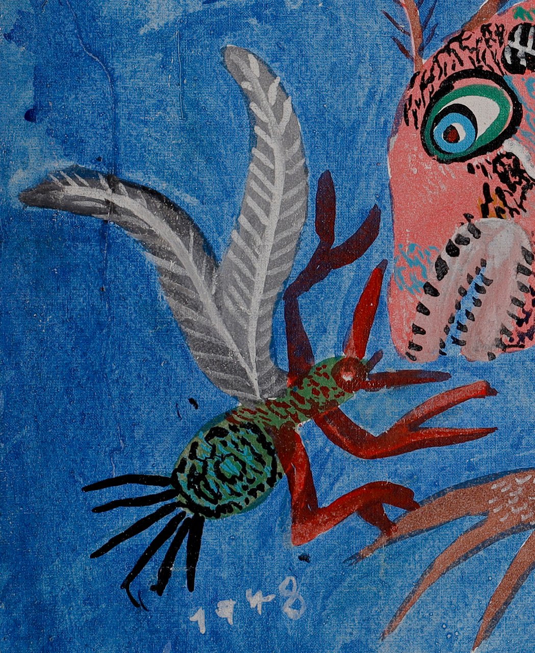 Small insect on the left, with gray wings, a green body, red legs and antennae and black threads on its tail, in front of the big creature's mouth. Detail of Fantastic Animals, Chico da Silva, 1978.