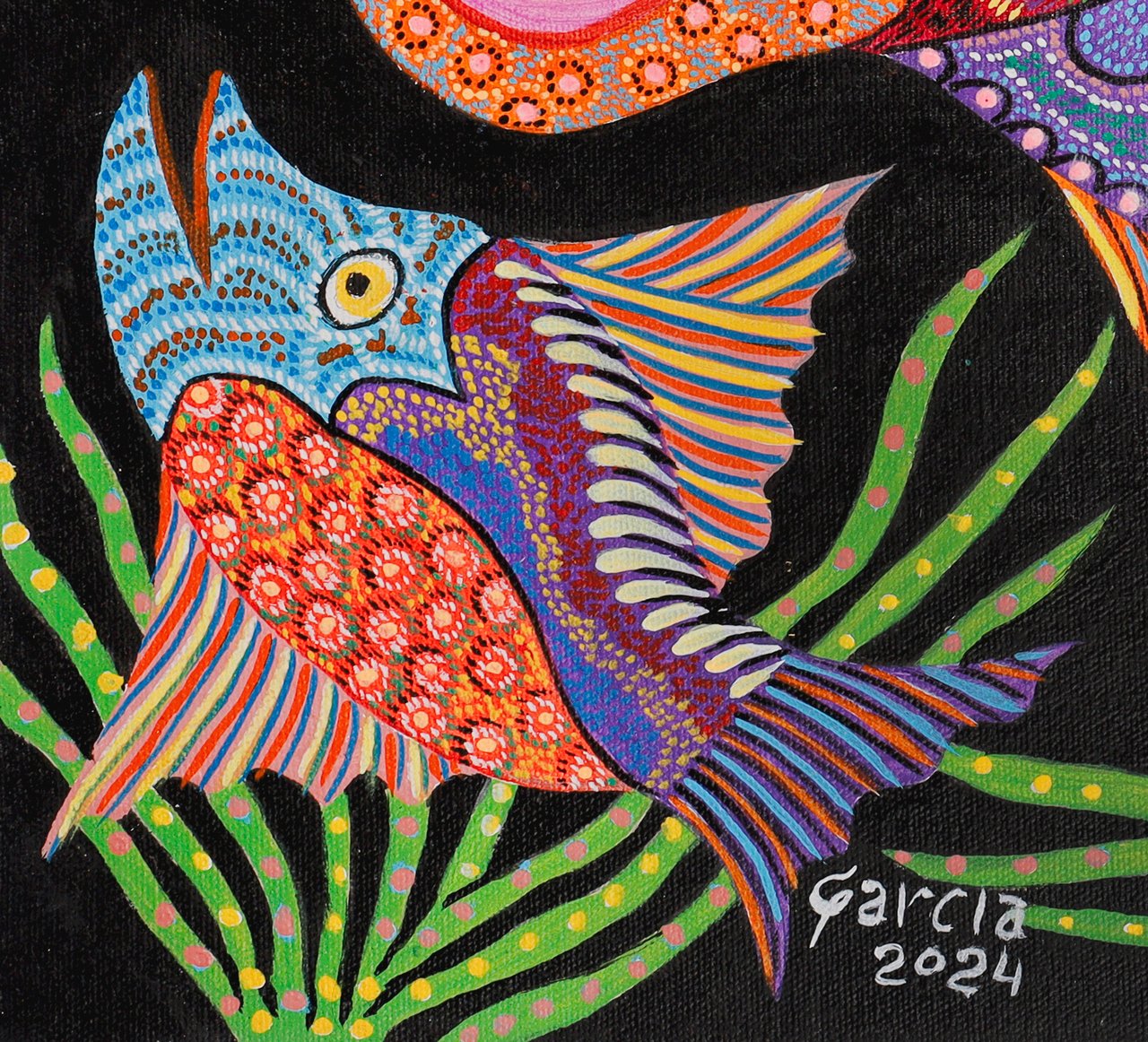 Fish with a blue head and a yellow eye, an orange body with flowers and striped fins, in the bottom left corner. Detail of Catfish, Garcia, 2024.