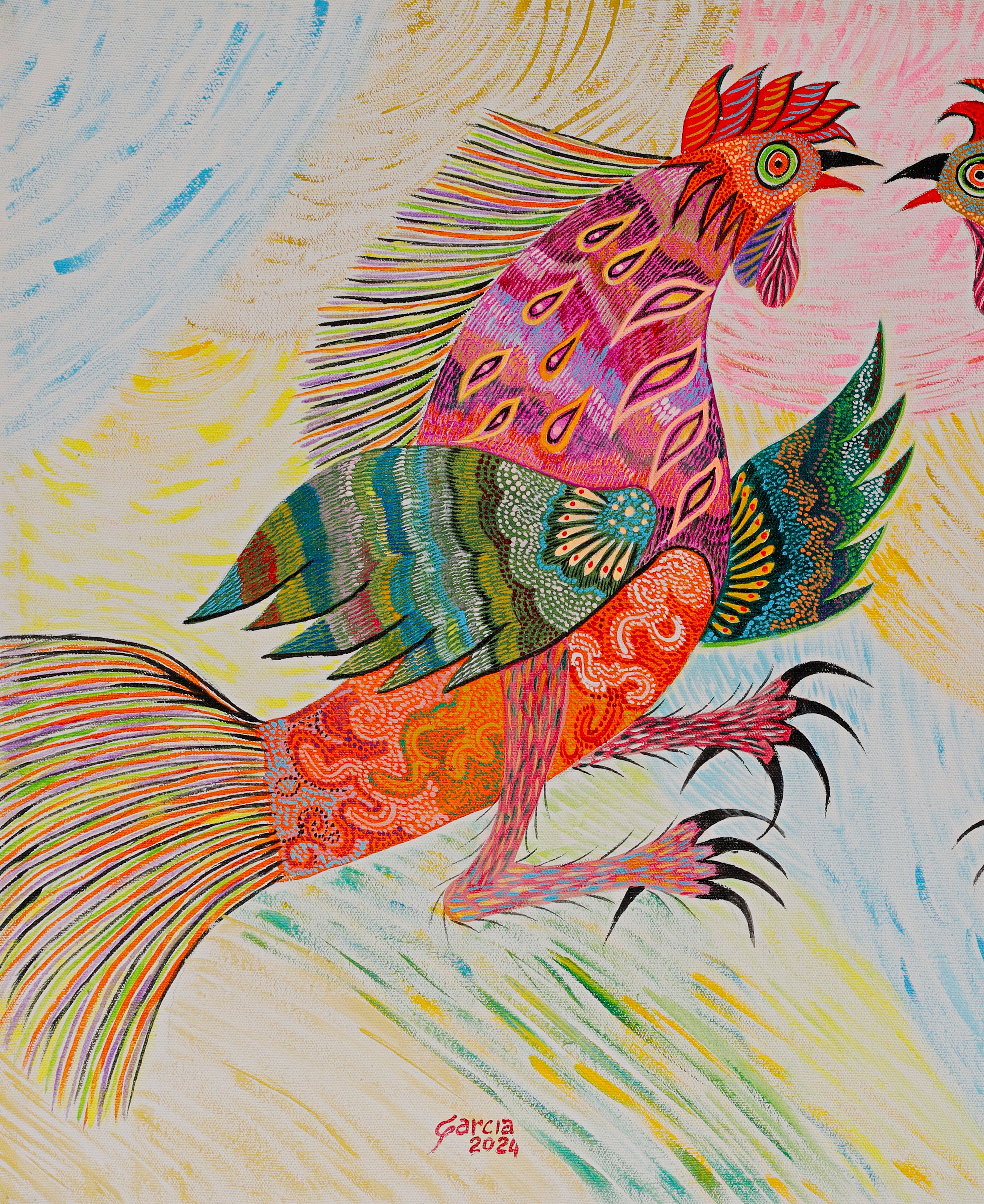 Gallo de la izquierda, de cresta roja y cola en abanico, vuelto hacia la derecha. Detalle de Riña de gallos, Garcia, 2024.