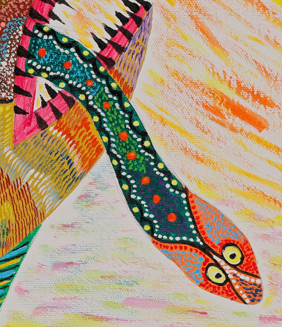 Green snake with red spots and an orange head with yellow eyes, emerging from the fish's mouth toward the right. Detail of Fantastic Fish, Garcia, 2025.