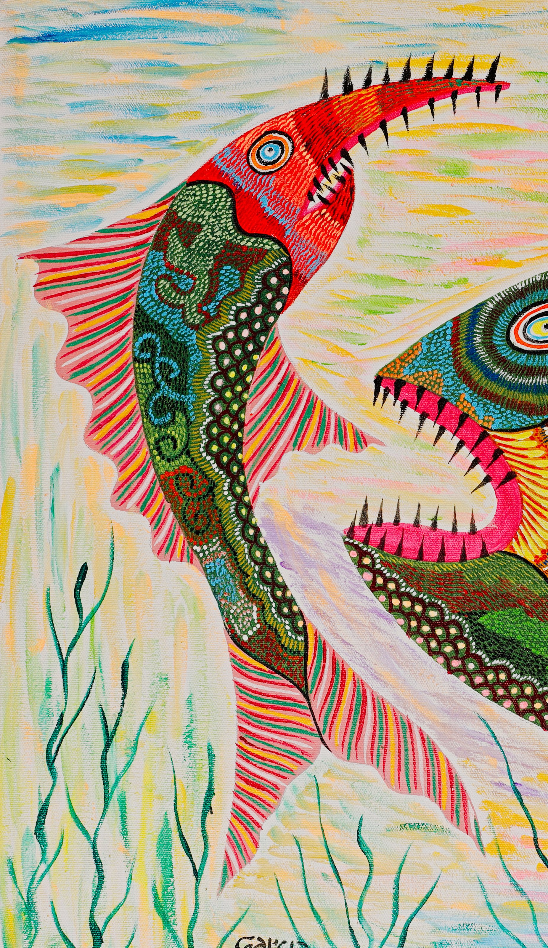 Fish with a long, toothed red snout, a spotted green body and striped pink fins, rising on the left. Detail of Two Fish, Garcia, 2024.