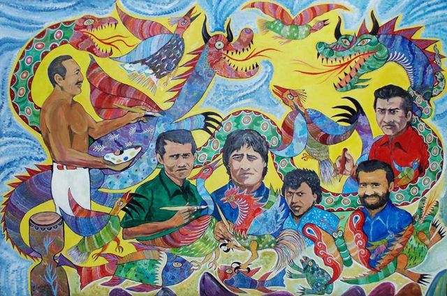 Pintura larga sobre fundo amarelo e azul, cheia de dragões, peixes e aves de cauda longa. Entre os bichos há seis pessoas pintadas: um homem sem camisa em pé à esquerda, com pincel e paleta, e outras cinco segurando pincéis.