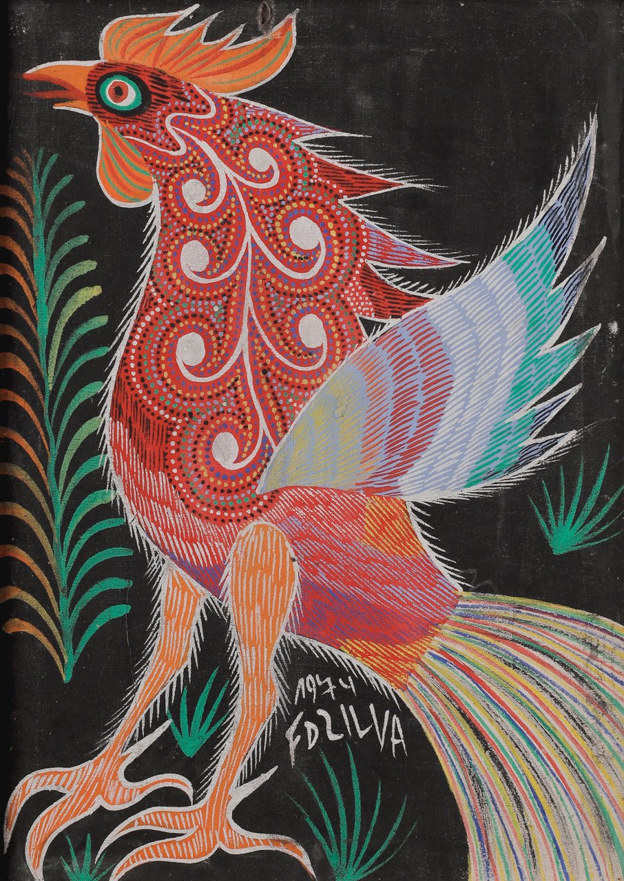 Um galo ornamentado, de plumagem vermelha em volutas e longa cauda clara sobre fundo preto. Galo em preto, Chico da Silva, 1974, acrílica sobre tela.