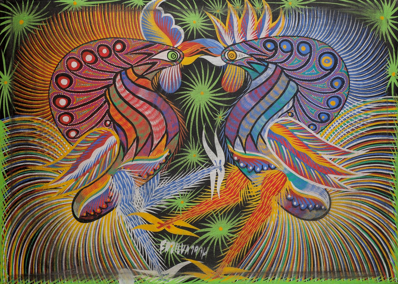 Dois galos fantásticos frente a frente sobre fundo preto riscado por linhas coloridas que irradiam. Galos, Chico da Silva, 1974, guache sobre tela.