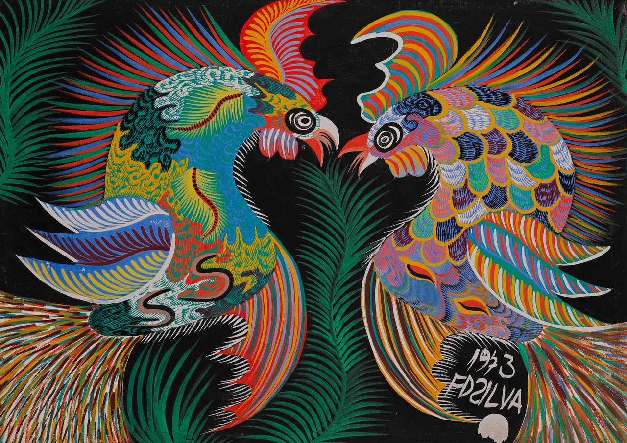 Dois galos em briga, de plumagem multicolorida aberta em leque, sobre fundo preto. Galos, Chico da Silva, 1973, acrílica sobre tela.