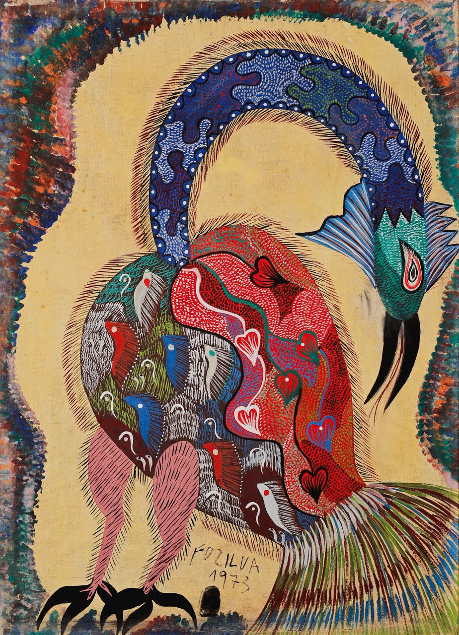 An arching long-necked fantastic bird on a cream ground with dense patterned body. Fantastic Bird, Chico da Silva, 1973, acrylic on canvas.